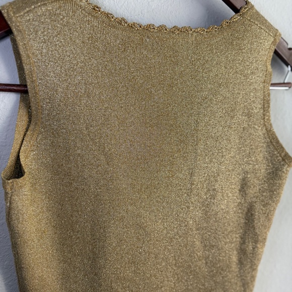 Vintage 90s Gold Sleeveless Knit Top Crochet Scallop Neckline Womens Medium - Picture 8 of 11